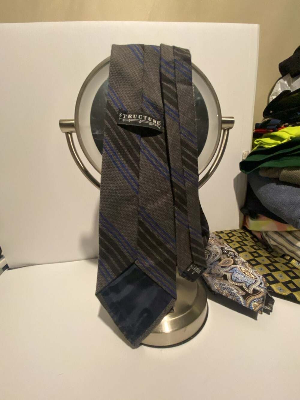 Structure Men's Gray and Blue Striped Wool Silk Blend Necktie